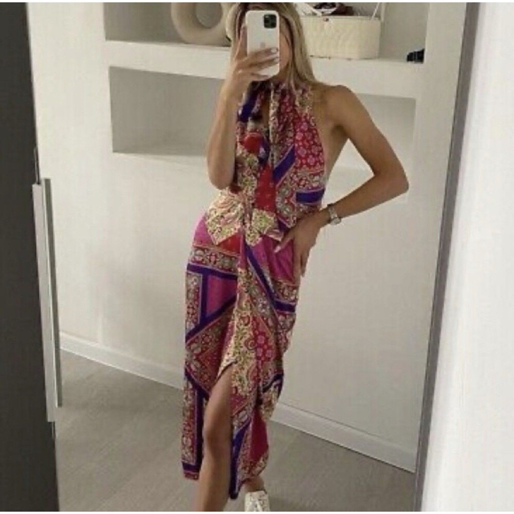 Zara Pink Red Paisley Halter Midi Dress - Picture 3 of 16